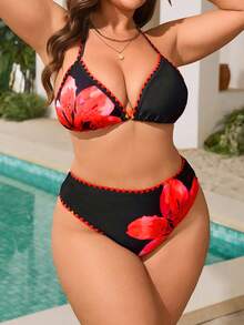 Swim Vcay Plus Size Women's Simple Daily Summer Floral Print Halter Bikini Set Set - Multicolor - View 5