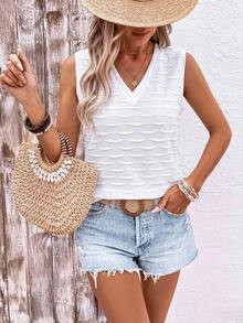 EMERY ROSE Top de tirantes casual versátil de punto texturizado con cuello en V, nuevo y de exitosa para mujer, primavera/verano, fácil de combinar - Blanco - Ver 5