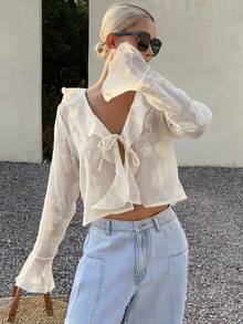 Livesso Apricot V-Neck Tie Waist Textured Fabric Women Shirt - Apricot - View 3