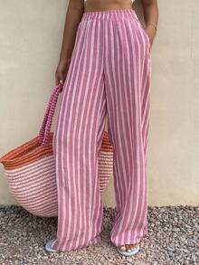 DAZY Women's Striped Elastic Waist Casual Pants - Pink - View 5