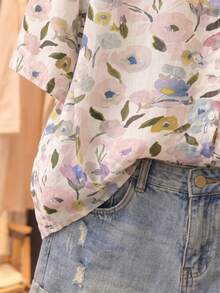 SHEIN Essnce 女款春夏花卉印花鈕扣開襟短袖翻領襯衫上衣，百搭透氣輕盈，適合海灘度假與休閒穿著 - 白色 - 查看 7
