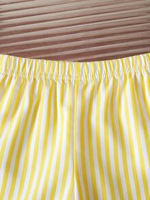 SHEIN Vintaside Kids 2件組女嬰幼童/新生兒0-3歲春夏休閒甜美日常度假條紋梭織無袖背心上衣寬腿褲套裝 - 黃色 - 查看 3