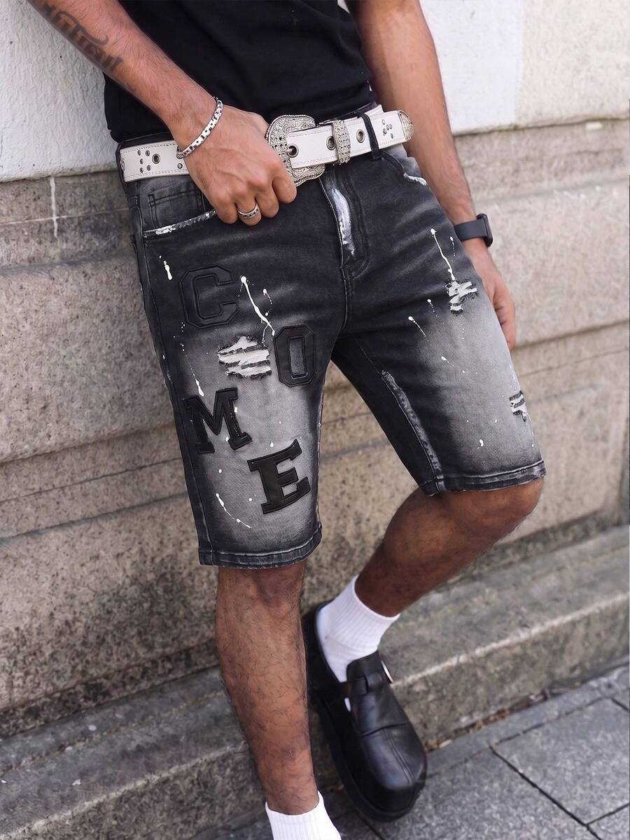 Manfinity EMRG Men's Casual Denim Shorts With Pockets & Letter Patch, Frayed Hem, Holiday - Black - View 1