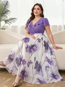 Reflora 大码女士优雅印花连衣裙，夏季婚礼宾客礼服 - 彩色 - 查看 1