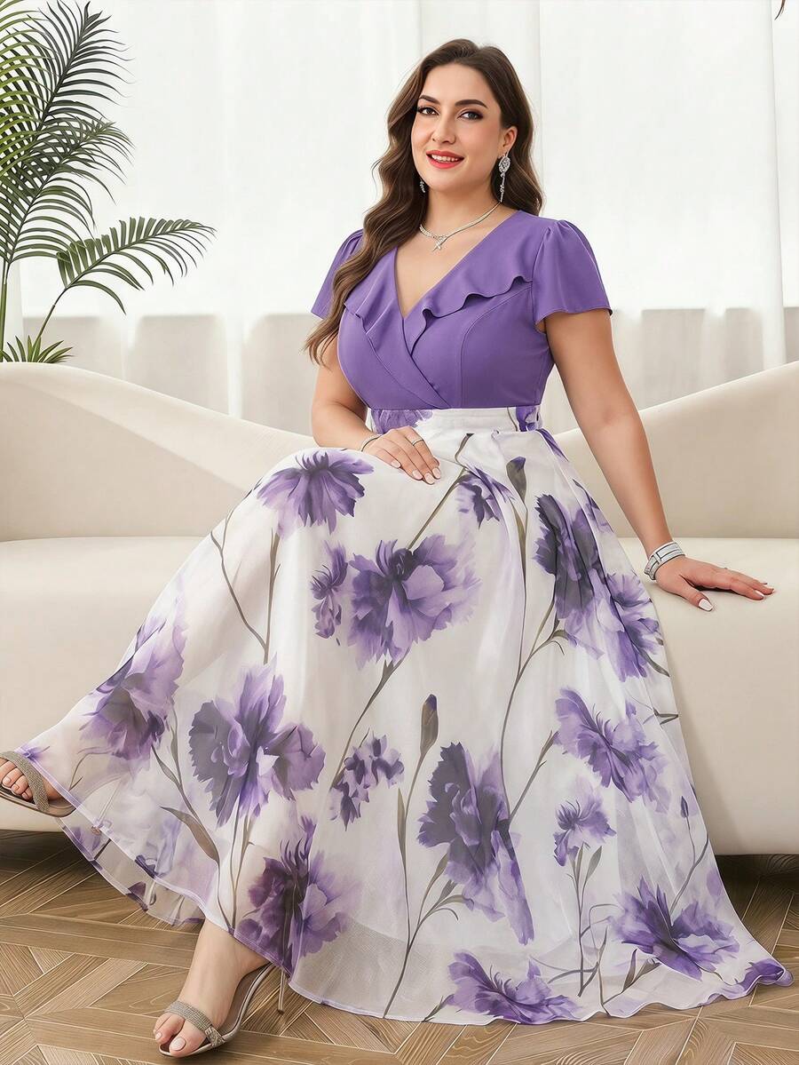 Reflora 大码女士优雅印花连衣裙,夏季婚礼宾客礼服 - 彩色 - 查看 1