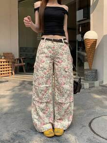 DAZY 女款花卉印花鈕扣寬鬆工裝休閒牛仔褲可愛上衣 - 粉色 - 查看 4