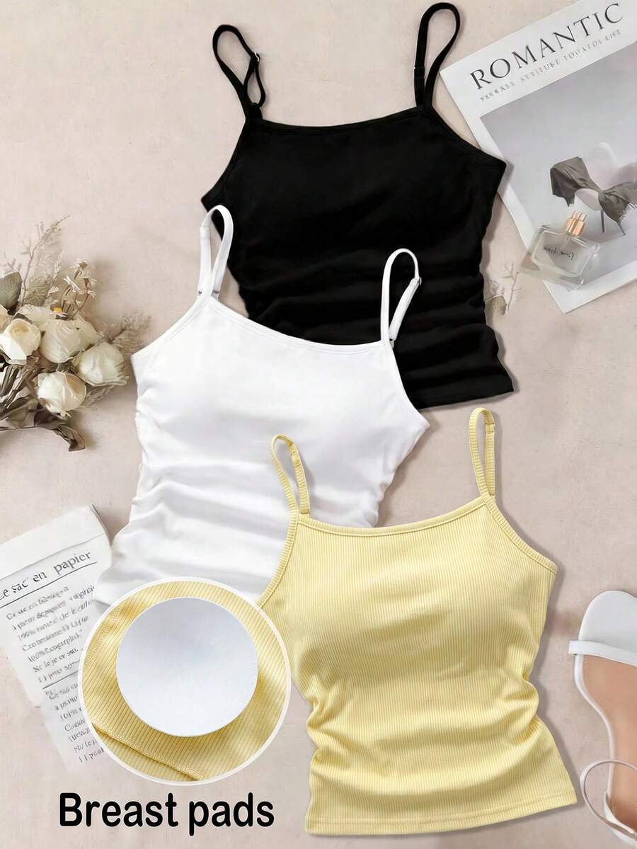 SHEIN Tank Top Dalaman Rajut Hitam Putih Musim Semi/Panas untuk Anak Perempuan Remaja, Paket Multi, Beli 1 Gratis 2 - MultiWarna - View 1