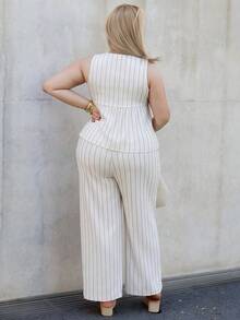 CHERRY TINTT SELECTION Plus Size Casual Vacation Striped Sleeveless A-Line Dress Shirt And Straight Leg Casual Pants 2 Pieces Set Elegant Summer - Apricot - View 2