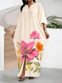 SHEIN Lady Plus Size Floral Print Cutout Round Neck Loose Fit Dress Vacation Summer Vacation Pink Floral Floral Gym Boho Vacation - Multicolor - View 3