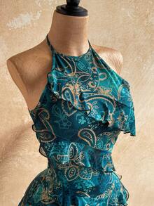 Soleia Vestido mini de mujer para vacaciones con estampado de anacardo, volantes multicapa y cuello halter - Multicolor - Ver 4