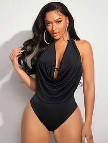 SHEIN SXY Body halter con fruncido delantero de espalda abierta - Negro - Ver 8