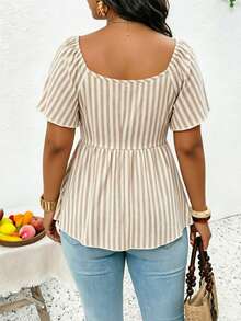 SHEIN Frenchy Plus Size Women V-Neck Short Waist Textured Brown Long Sleeve T-Shirt, Casual Versatile Tee, Ruffle Sleeve Cinching Waist Front Tie Design, Elegant Top, Commute Business Top, Brown Top Brown Top Lace - Apricot - View 5