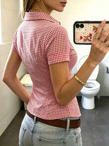 EMERY ROSE Women's Polo Collar Short Sleeve Fitted Shirt - Red - View 2