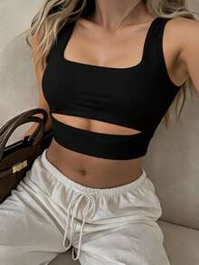 SHEIN SXY Cut Out Front Crop Tank Top - Black - View 2