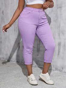 SHEIN Tall CURVE Quần skinny dáng lửng denim trắng co giãn size lớn cho nữ - Màu tím - Xem 6