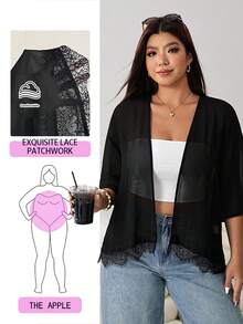 Solflare Plus Size Solid Color Minimalist Sheer Jacket - Black - View 1