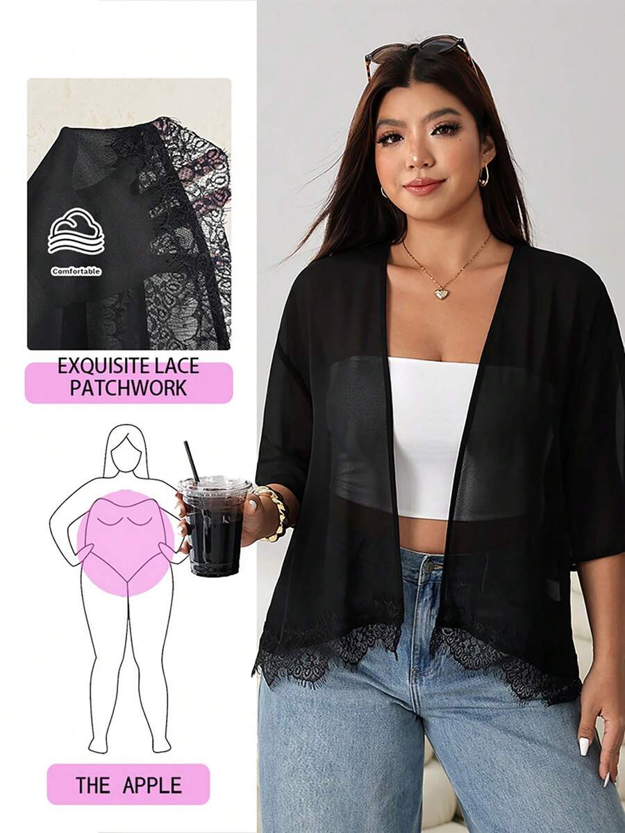 Solflare Plus Size Solid Color Minimalist Sheer Jacket - Black - View 1