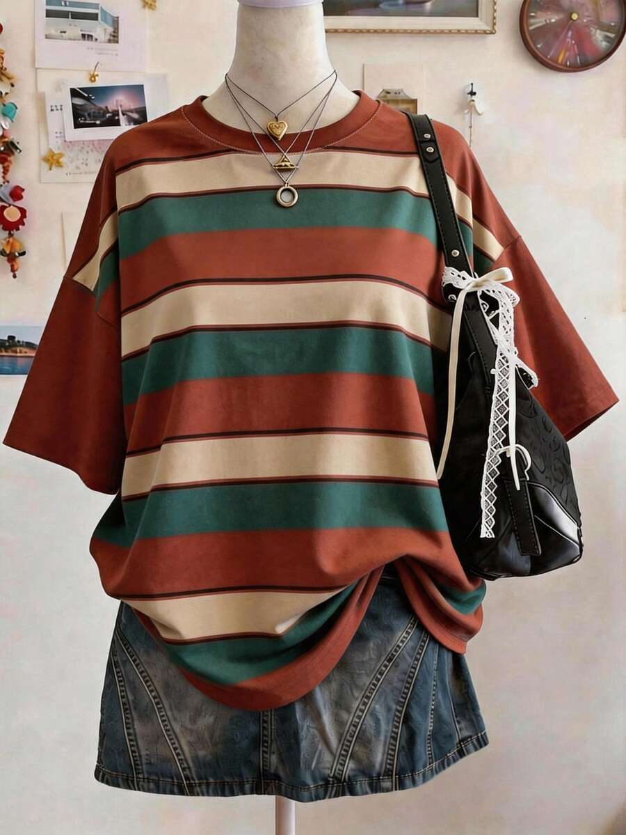 Lalippa 女款外套上衣，夏季新款，戶外休閒運動套裝，圖案設計，條紋，多色條紋，度假拍照套裝，購物套裝，女款必備，返校季節，寬鬆女款夏季短袖 - 彩色 - 查看 1