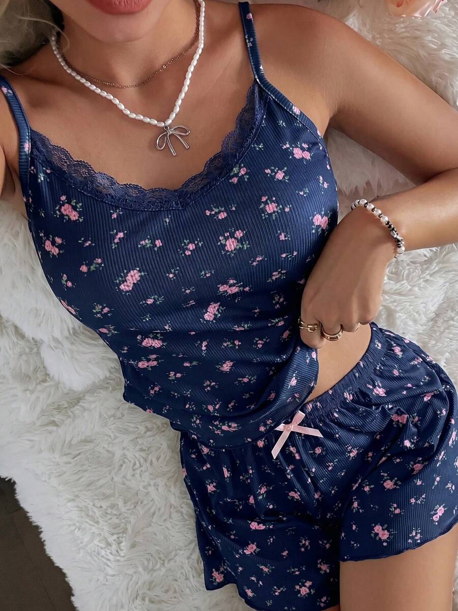 CottageSlumber Knitted Ribbed Ditsy Floral Print Camisole Set - Navy Blue - View 1