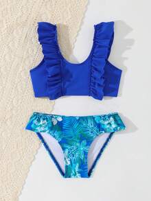 SHEIN Young Girls Pleated Leaf Print Two-Piece Swimsuit Set - Royal Blue - View 4