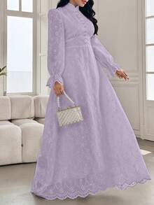 Modelyn 法式立領花瓣袖長袖高腰網紗刺繡洋裝 - 淡紫色 - 查看 5