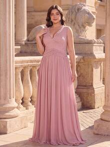 Aureia Plus Size Elegant Formal Dusty Pink Deep V-Neck Lace Patchwork Elastic Mesh Dress Trim A-Line For Prom Party Evening - Dusty Pink - View 7