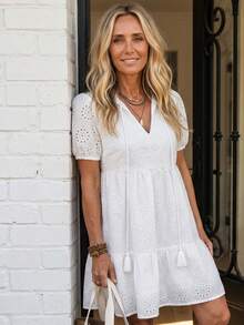 LanaWest Women's Western Lacy Boho Casual V-Neck Tassel Pendant Woven Embroidered Doll Style Ruffle Puff Sleeve Short Dress Brunch Vacation White Summer - White - View 4