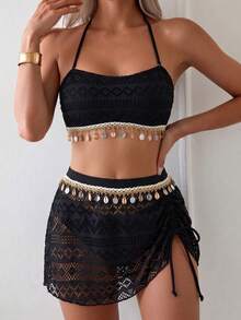 Bonvoyette Conjunto de 3 piezas de bikini para mujer para vacaciones de verano, negro, con malla jacquard, tirantes de hombro desmontables, falda bandeau, decoración de conchas, traje de baño y ropa de playa - Negro - Ver 4