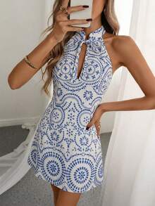 SHEIN PariChic Women's Summer Halter Neck Tie-Up Stand Collar Sleeveless Short Dress, Elegant European Jamaican Slimming Outfit For Brunch Vacation Blue And White - Blue and White - View 4