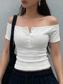 女款夏季露肩短袖街頭休閒基本款T恤，白色日常度假外出上衣 - 白色 - 查看 2