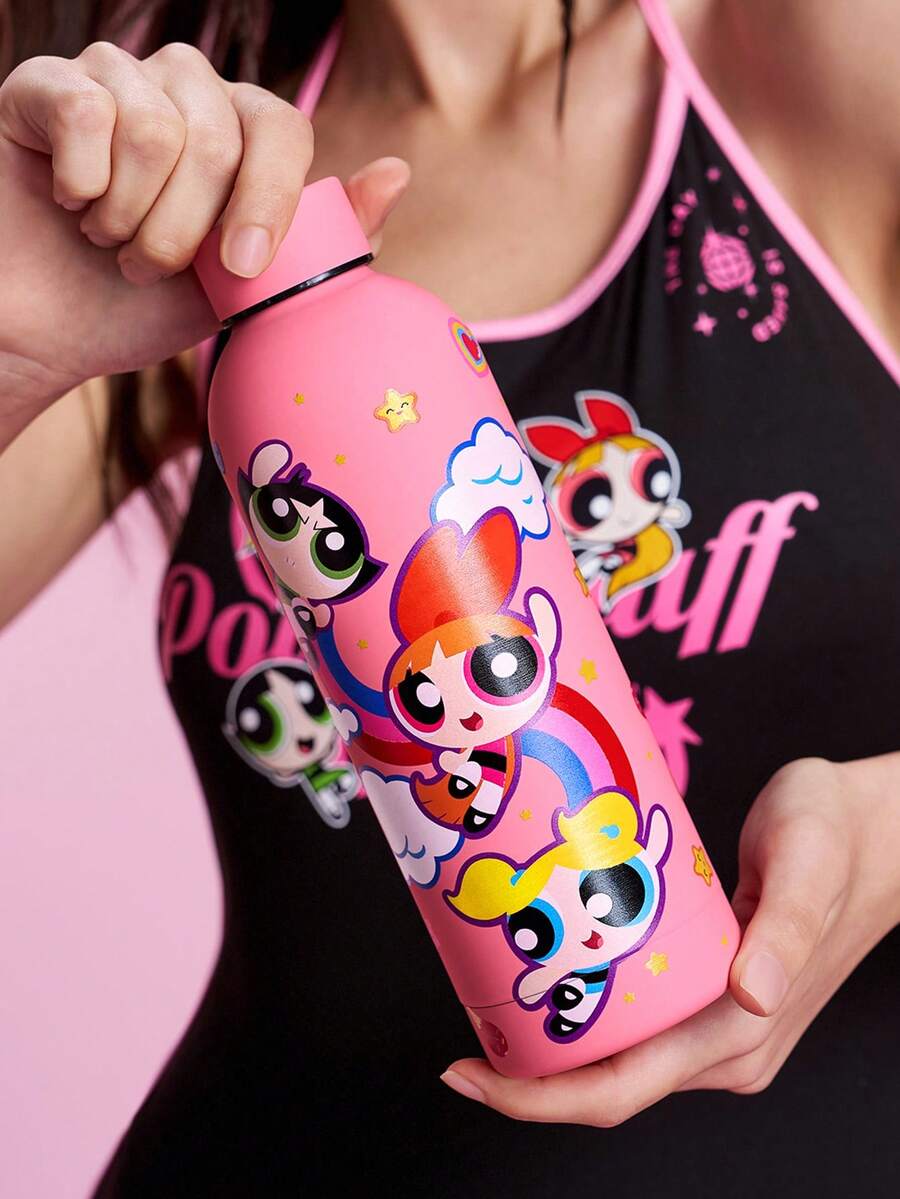 THE POWERPUFF GIRLS X SHEIN 500ml /16 Oz 真空保溫不鏽鋼杯，1個防漏蓋，適用於熱飲/冷飲，適用於大多數杯架 - 玫紅色 - 查看 1