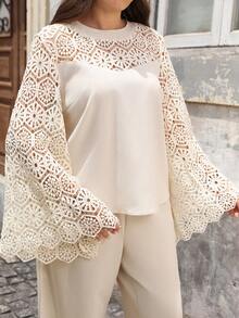 Lacomfia Conjunto de 2 piezas para mujer talla grande con top largo de manga acampanada con calados y pantalones estilo bohemio - Albaricoque - Ver 6