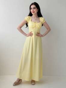 Yasmeen Edit Yasmeen Edit PoPoHouse 女士优雅连衣裙，纯色波西米亚度假风，低领露肩设计，后背系带细节，打造休闲宽松的沙滩裙造型，适合春夏及各种场合。 - 黃色 - 查看 1
