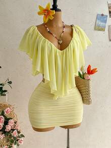 Soleia New Romantic V-Neck Ruffle Low Waist Ruched Slim Fit Bodycon Mini Skirt Women's 2-Piece Set For Beach, Cruise, Holiday, Date, Afternoon Tea, Vacation, Music Festival, Bohemian, Summer, All Season Wear - Light Yellow - View 5