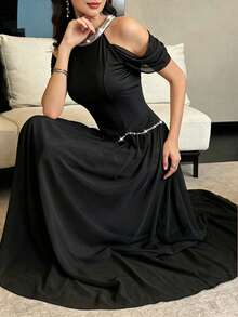 Modelyn Elegant Open Shoulder Halter Neck Beaded Long Evening Gown Dress For Women - Black - View 7