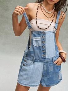 Bohemela Women's Colorblock Patchwork Romper Vacation Light Blue Summer Boho - Blue - View 2