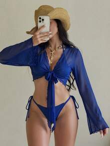 Swim SXY 度假海灘素色喇叭袖罩衫和服 - 寶藍色 - 查看 1