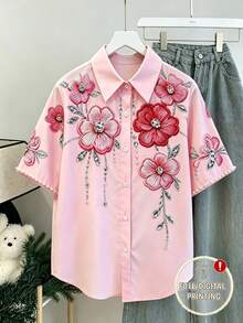 SHEIN Franclia Women's Summer Casual Loose Fit Short Sleeve Shirt With Beaded Floral Rhinestone Print, Positioned Cuffs And Turn-Down Collar, Pink, For Daily Commute, Travel, Vacation, Dating, Photography, Gathering, Dining, Camping, Birthday, Office Wear - Multicolor - View 6
