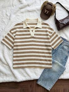 Comfortcana Striped Pattern Polo Collar Plus Size Short Sleeve T-Shirt Suitable For Summer Wear - Brown - View 4