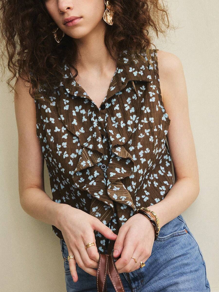 Écloséra 女款復古棕色花卉夏季上衣,法式復古荷葉邊門襟休閒優雅無袖上衣,早午餐穿搭,花卉印花鈕扣上衣 - 彩色 - 查看 1