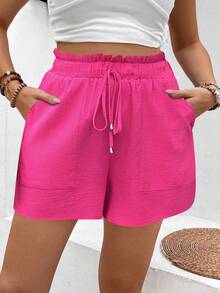 EMERY ROSE Pantalones cortos casuales de talla grande de unicolor con cintura de bolsa de papel y bolsillo en diagonal - Rosa Fucsia - Ver 1