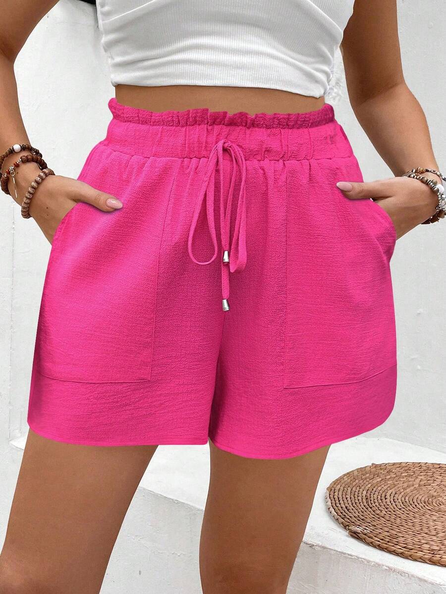 EMERY ROSE Pantalones cortos casuales de talla grande de unicolor con cintura de bolsa de papel y bolsillo en diagonal - Rosa Fucsia - Ver 1