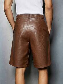 PAVTROS Men's Brown Crocodile PU Leather Shorts, Pleated Design, Fashion VersatileBermuda Shorts - Brown - View 2