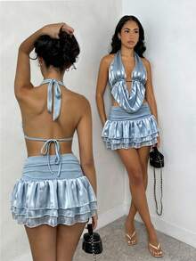 Glamine Dusty Blue Color Vertical Stripe Halter Satin Set,Waist-Cut Cropped Top + Ruffled Mini Skirt Two Pieces Outfit,Street Style Rave,Pool Party Dress - Baby Blue - View 3