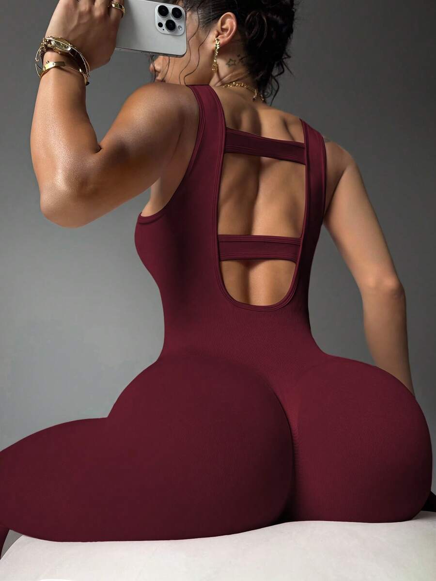 Slayform Slayform Seamless Solid Color Minimalist Versatile Athletic Tight Jumpsuit - Burgundy - View 1