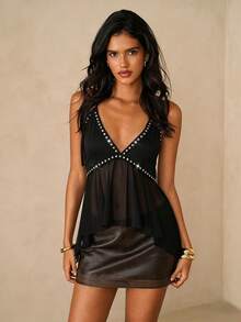 Glamine Rivet Decor Tie Backless Halter Top For Women, Solid Black Shiny Elegant Lady Party Club Rave Summer, Techno Street Wear, Black - Black - View 2