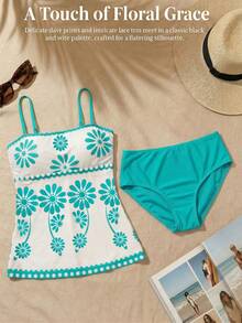 Swim Lushoire 2pcs Women's High Elasticity Green White Floral Print Bikini Set,Bandeau Top&Solid Triangle Bottom,Boho Summer Holiday Pool Party Elegant Swimwear - Multicolor - View 4