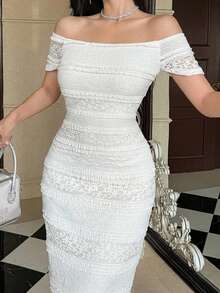 DAZY Spring/Summer Women's Elegant Style Lace Solid Color Midi Dress Sundress - White - View 4