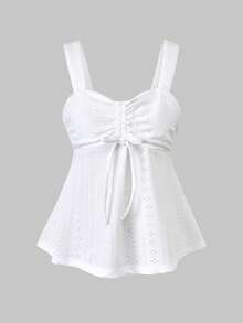 Top de tirantes para adolescentes con escote en forma de corazón, diseño de malla, unicolor, cordón ajustable y bajo acampanado - Blanco - Ver 2