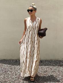DAZY Floral Tie-Dye Spaghetti Strap Backless Dress, Elegant Vacation Summer Long Dress For Women - Khaki - View 6